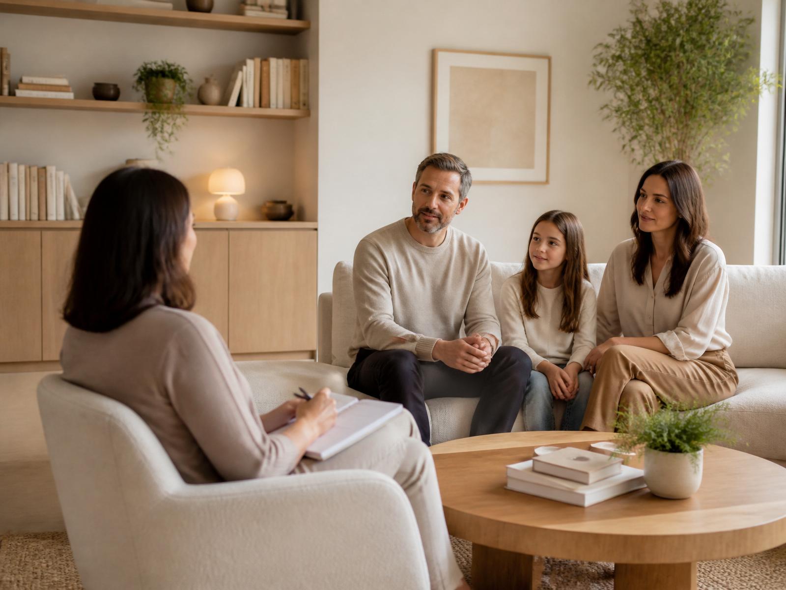 Familia conversando con una profesional de la psicología